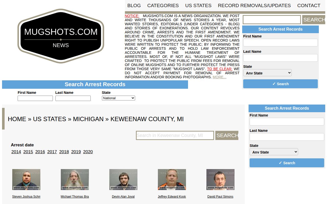 Screenshot of the Mugshots.com Keweenaw County index