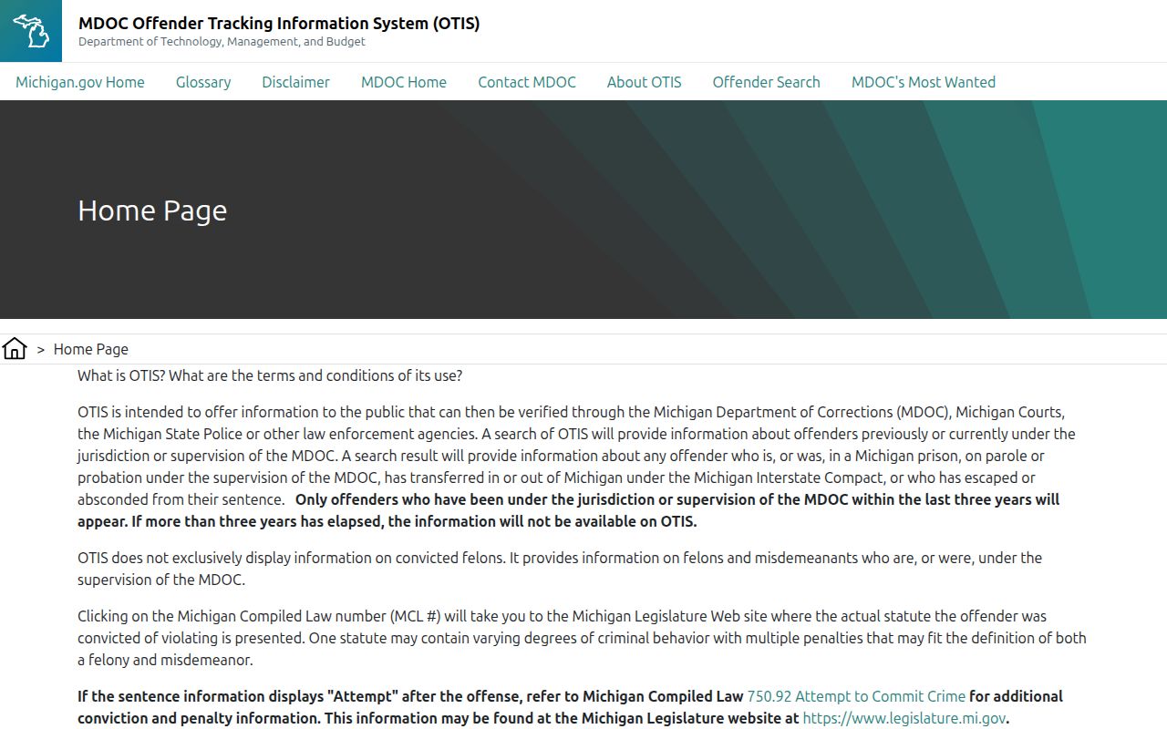 Michigan OTIS official offender search form